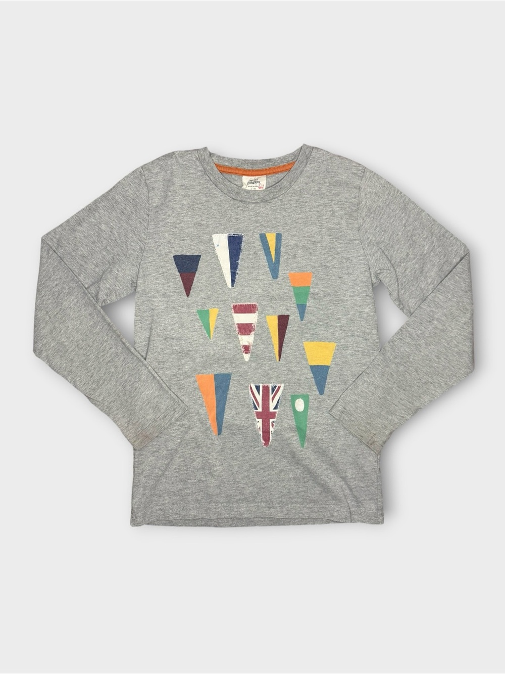 Mini Boden Vintage Colorful Pennant Applique Pattern Gray Long Sleeve Shirt